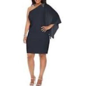 Evan Picone Sheath black, chiffon one shoulder w/bell sleeve Cocktail dr…